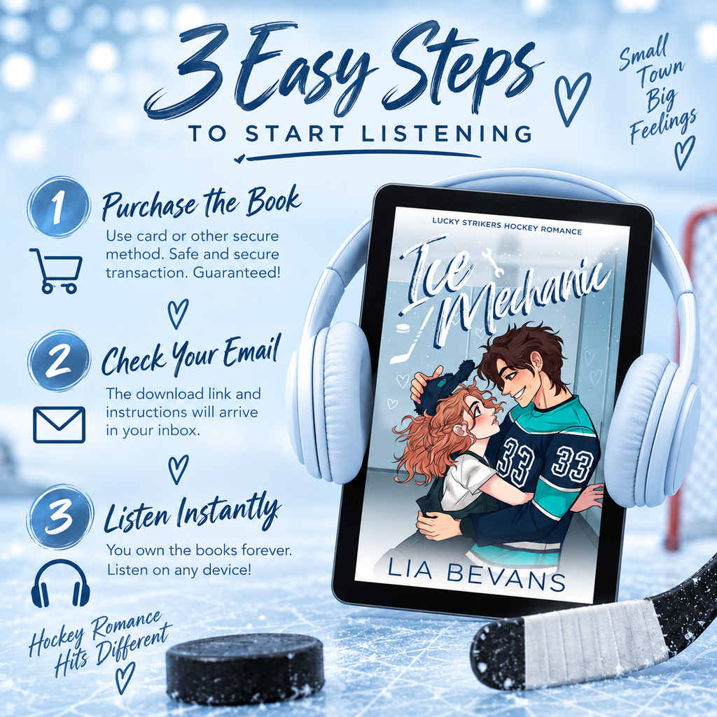hero image of the download steps for the audiobook of Ice Mechanic a romance hockey small town audiobook