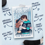 A book cover for 'Ice Mechanic' by Lia Bevans is displayed on a light blue background with hand-drawn style annotations pointing to various plot themes. The cover features an illustration of a hockey player in a teal and navy jersey hugging a woman.