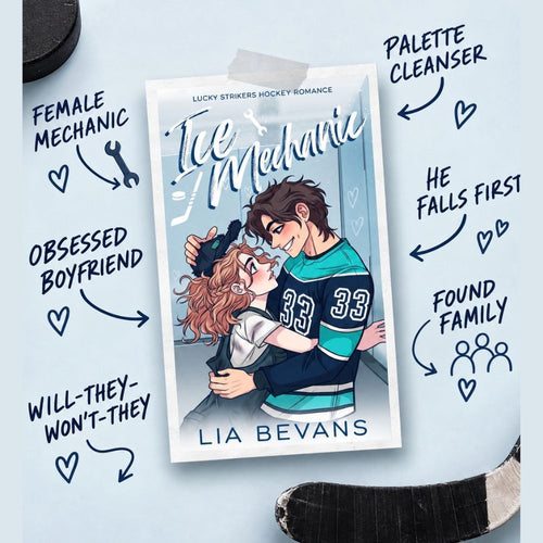 A book cover for 'Ice Mechanic' by Lia Bevans is displayed on a light blue background with hand-drawn style annotations pointing to various plot themes. The cover features an illustration of a hockey player in a teal and navy jersey hugging a woman.